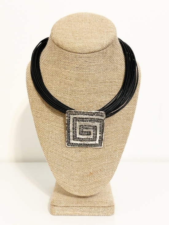 Jewelry - Artisan Textured Silver Square Pendant Necklace Black Multi-Strand Cord